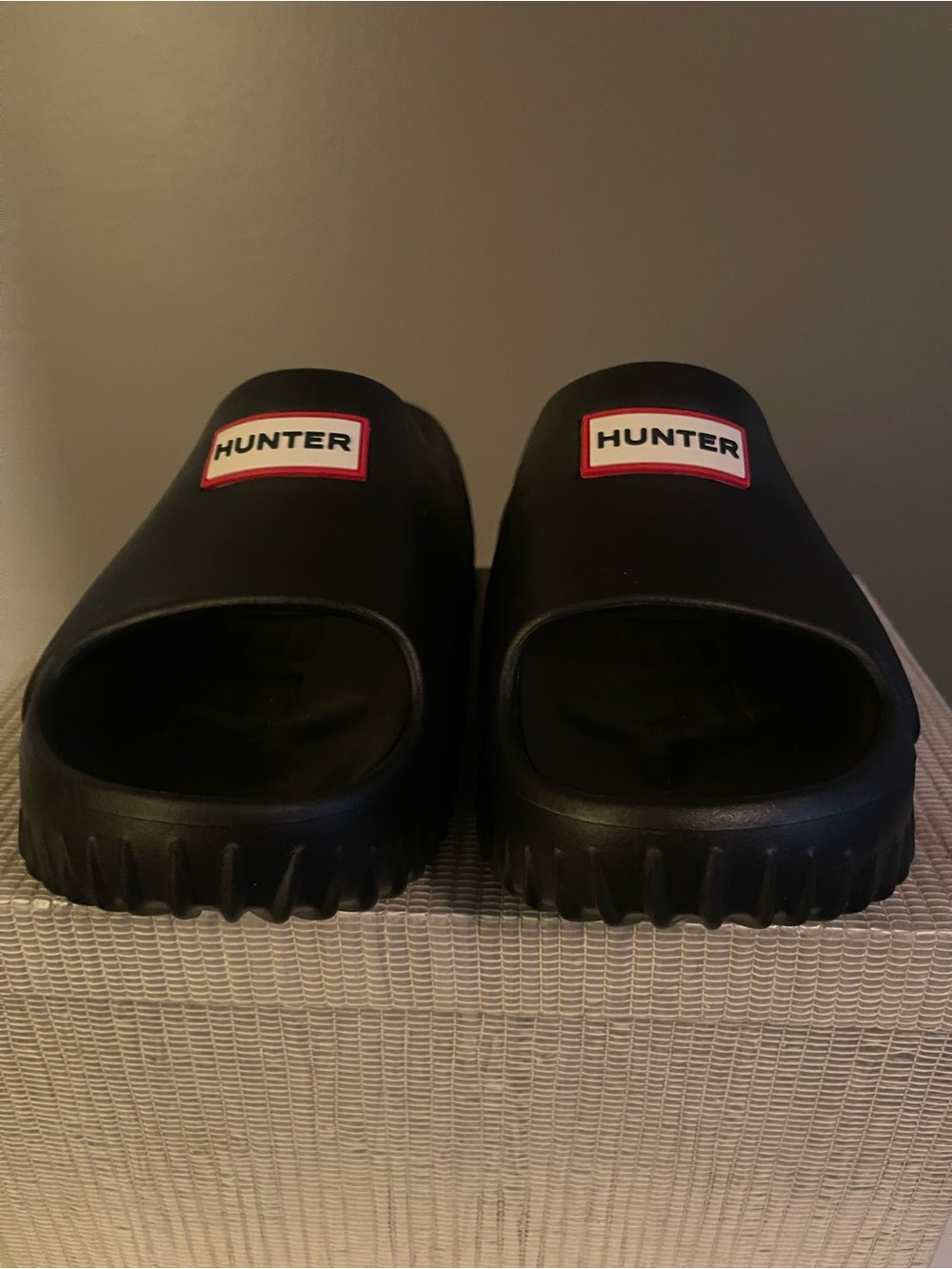 Hunter Black Slide Sandals with Red-Trim Logo